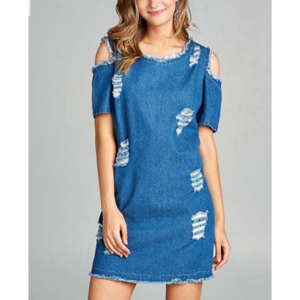 Denim Cold Shoulder Distressed Dress Size S  NWT